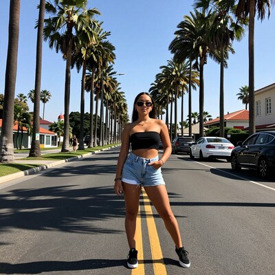Woman Standing on Palm Tree Street