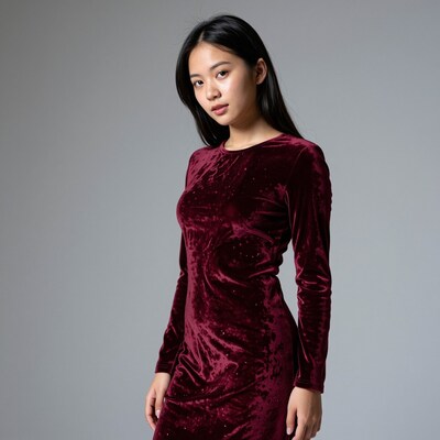 Asian woman in burgundy velvet dress