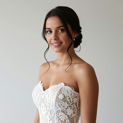 Brunette Bride in White Lace Dress