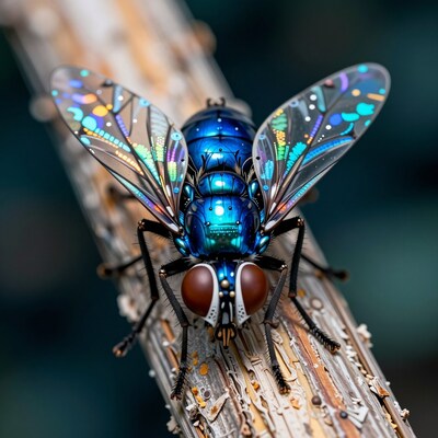 Iridescent Blue Fly on Wood