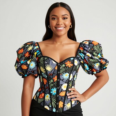 Smiling Woman in Floral Corset Top