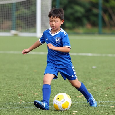 Young Asian boy kicking soccer ball