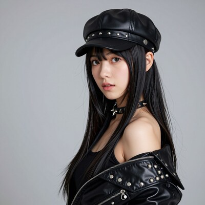 Asian woman in black leather punk outfit