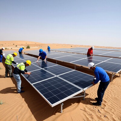 Workers Installing Solar Panels in Desert