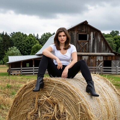Woman sitting on hay bale in front of barn