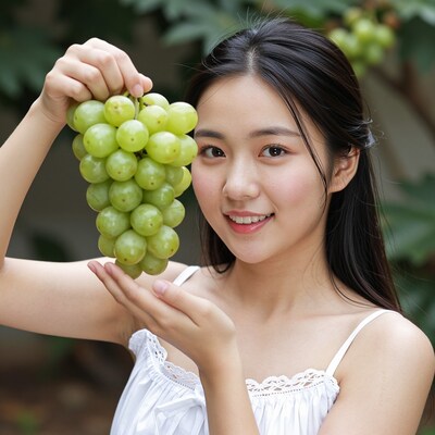 Young Asian woman holding green grapes