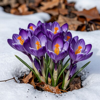 Purple Crocus Flowers in Snow