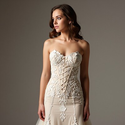 Woman in Strapless Lace Wedding Dress