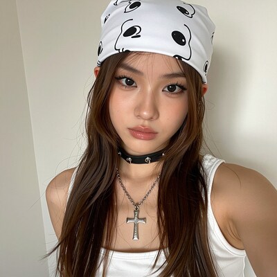 Asian woman in white bandana and cross necklace