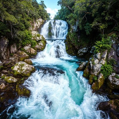 Turquoise Waterfall in Lush Forest