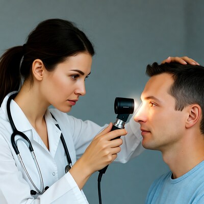 Female doctor examining male patient eye