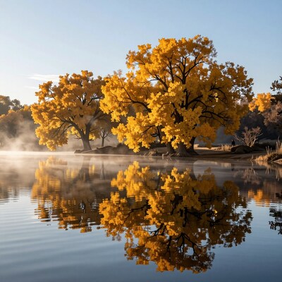 Golden Autumn Trees Lake Reflection