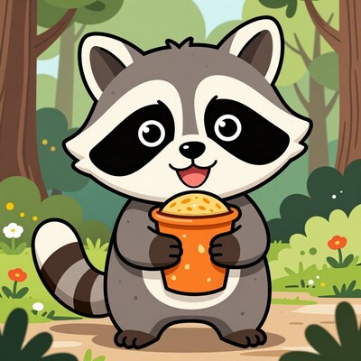 Cartoon Raccoon Holding Food Pot