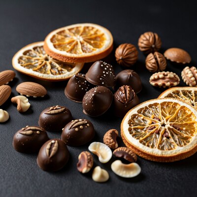 Dark chocolate truffles with nuts and dried oranges