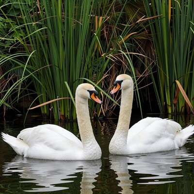 Two white swans in pond