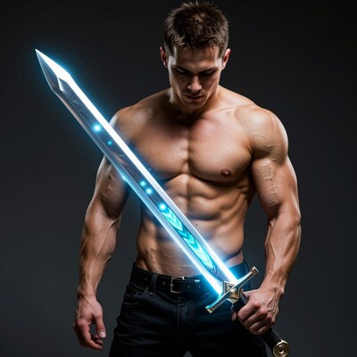 Muscular man with glowing blue sword