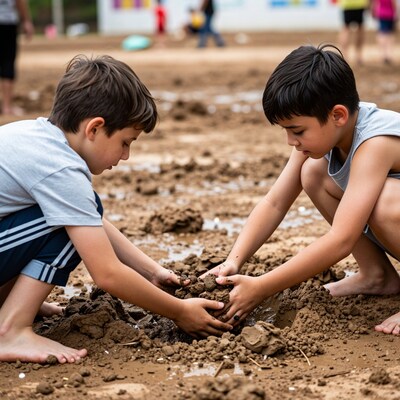 Two boys playing in mud