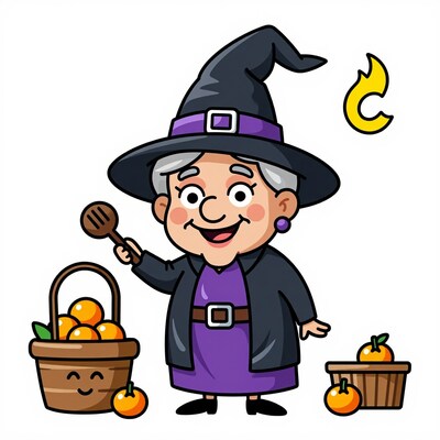 Cartoon Witch with Oranges