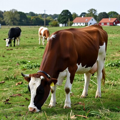 Brown and White Cow Grazing