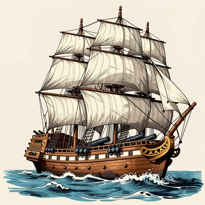 Tall Ship Sailing on Waves