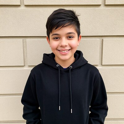 Smiling teenage boy in black hoodie