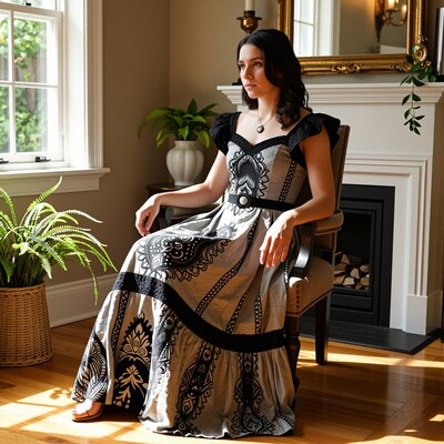 Woman in patterned maxi dress