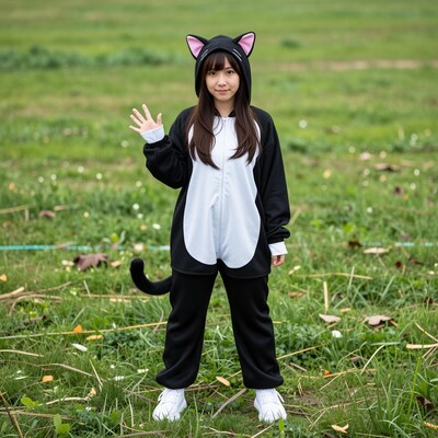 Asian woman in black cat kigurumi