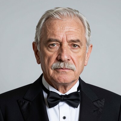 Elderly man with mustache in tuxedo