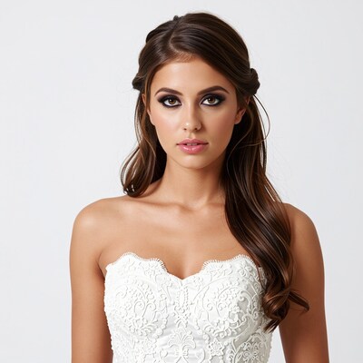 Brunette Bride in White Lace Dress