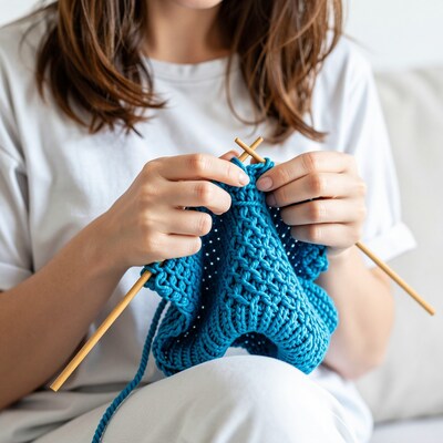 Woman knitting with blue yarn