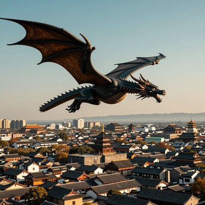 Dragon Flying Over Chinese City