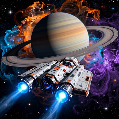 Spaceship near ringed planet