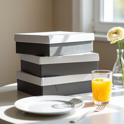 Stacked gift boxes breakfast table