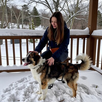 Woman petting dog in snow