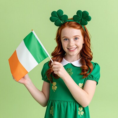Irish Girl with Flag and Shamrocks