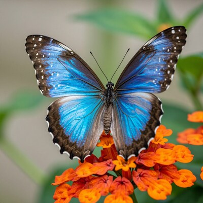 Blue Morpho Butterfly on Orange Flowers
