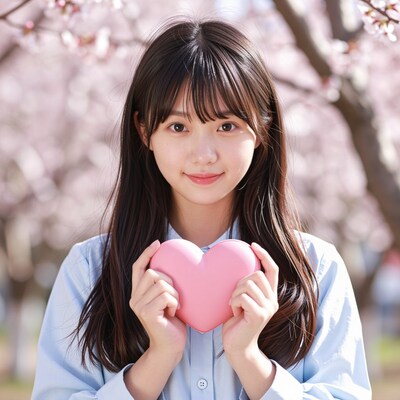 Young Asian woman holding pink heart