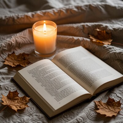 Open Book with Candle and Autumn Leaves
