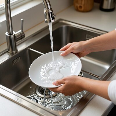 Washing White Plate Under Kitchen Faucet