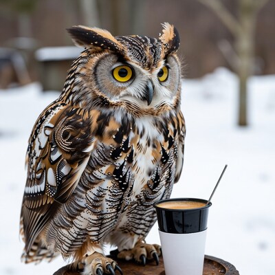 Owl with Coffee Cup in Snow
