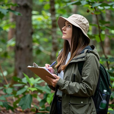 Woman Forest Researcher Writing Notes
