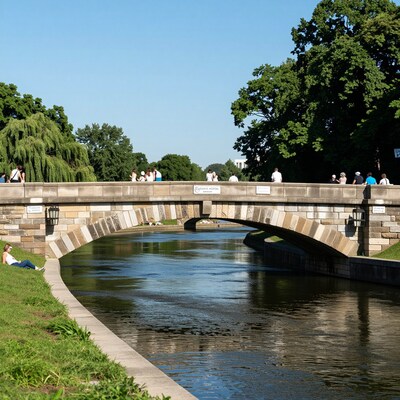 Stone Bridge over River in Park