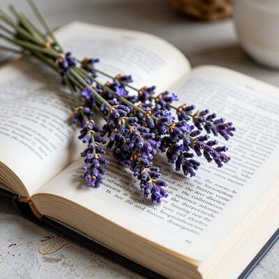 Lavender bouquet on open book