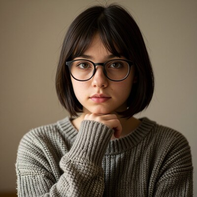 Young woman with glasses thoughtful pose