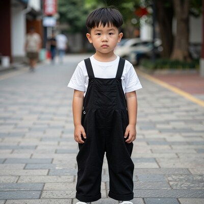 Young Asian boy in black overalls