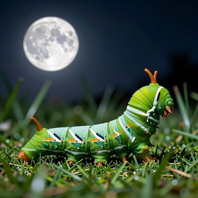 Green Caterpillar on Grass at Night