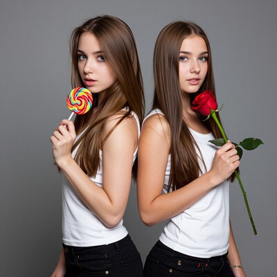 Twin girls with lollipop and rose