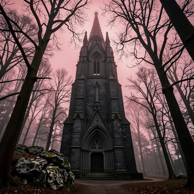 Gothic Church in Pink Foggy Forest