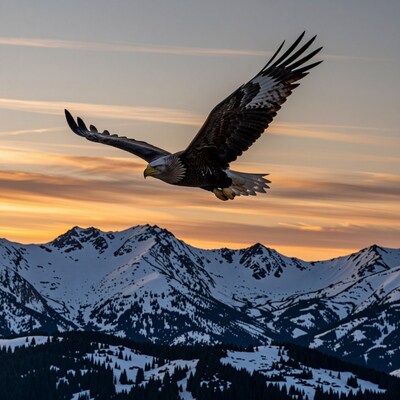 Bald Eagle Flying Over Snowy Mountains