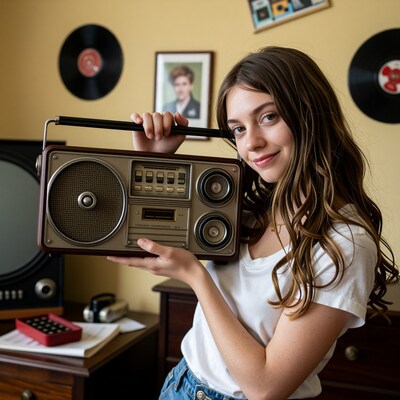 Young woman holding vintage boombox